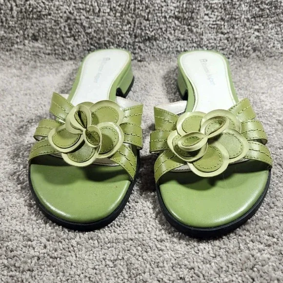 Etienne Aigner Helga Sandals Green Leather Floral Slide Low Block Heel Womens 7 - Picture 2 of 10